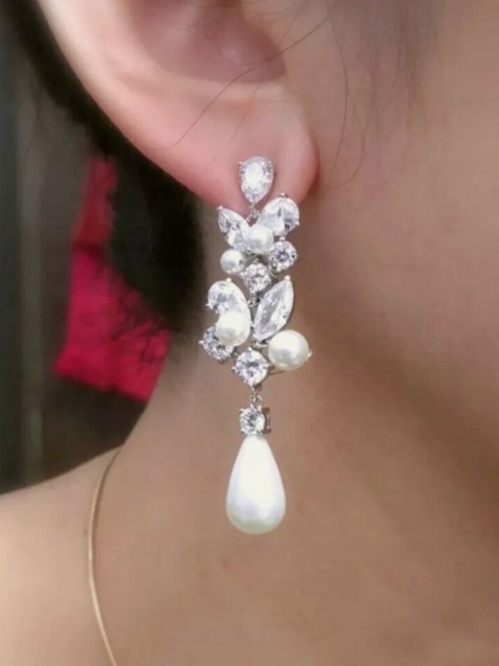 Elegant White Faux Pearl Drop Crystal Earrings - Women Jewelry New